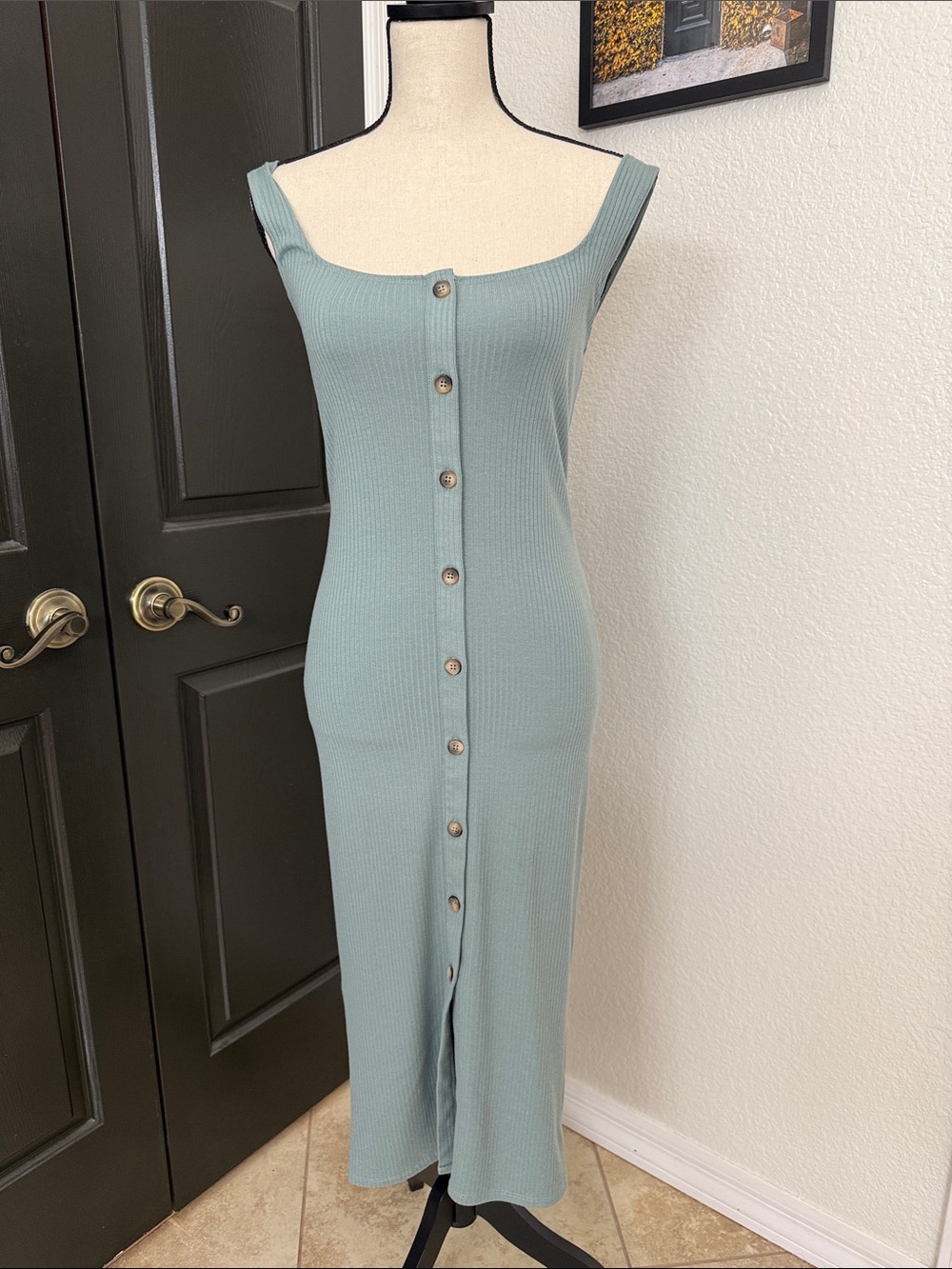 Sleeveless Button-Front Ribbed Midi Dress - Sage Green